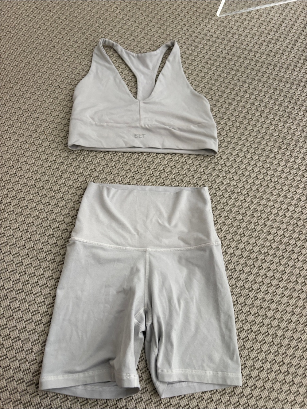 SET Light Gray Sports Bra & High-Waist Bike Shorts